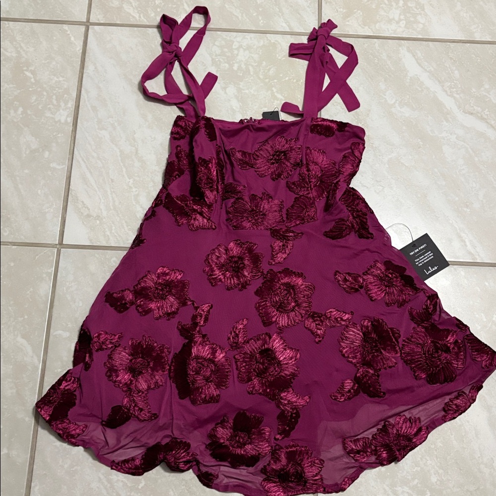 Lulus Truly Inspiring Plum Mesh Floral Applique Tie-strap Mini Dress Purple - Picture 2 of 6
